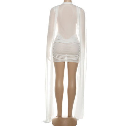 Mesh ruched crewneck solid mini dress  | Festival Outfits Women