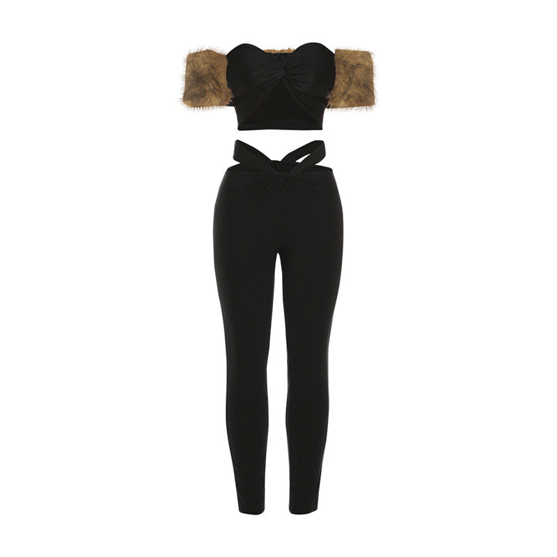 Fluffy hollow out sweetheart neck low rise pant set  | Festival Outfits Women