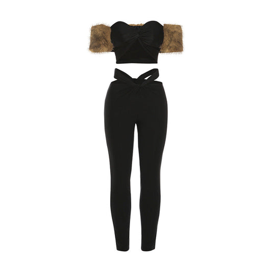 Fluffy hollow out sweetheart neck low rise pant set  | Festival Outfits Women