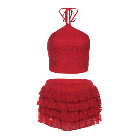 Halter self tie lace ruffle mini skirt set  | Festival Outfits Women