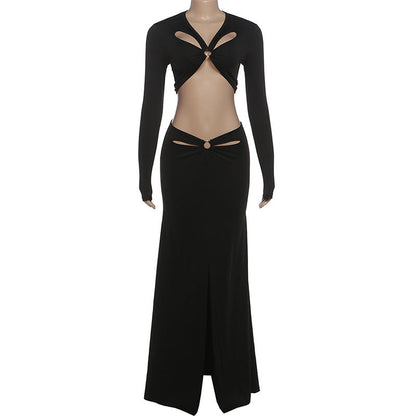 Hollow out long sleeve o ring slit maxi skirt set  | Festival Outfits Women