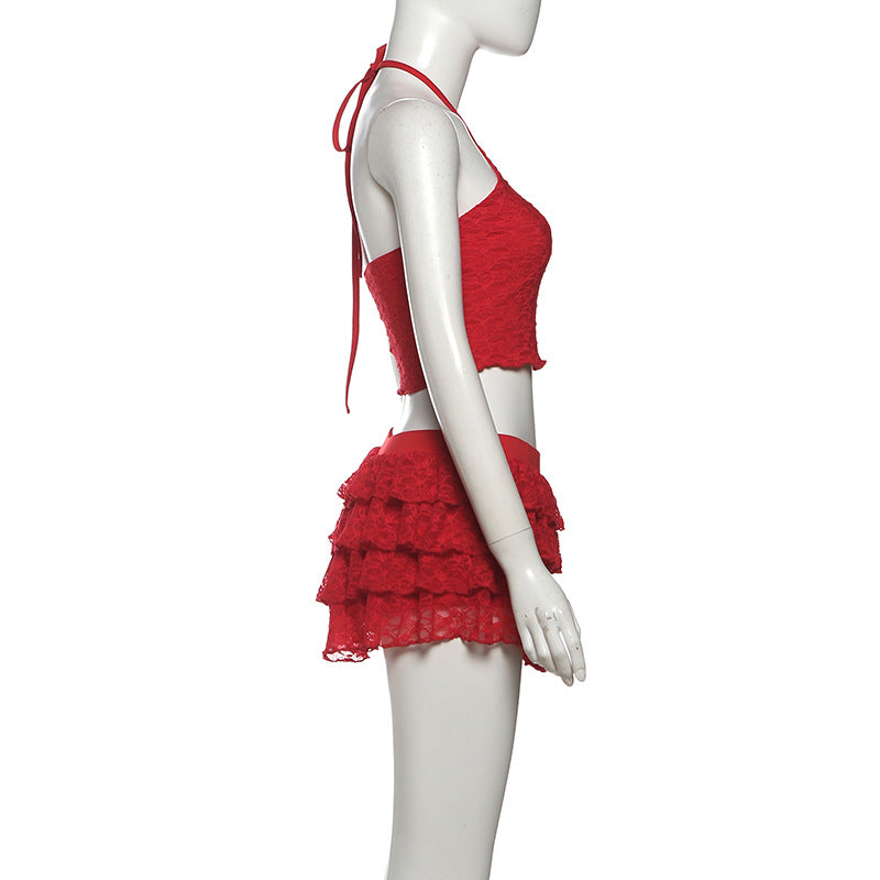 Halter self tie lace ruffle mini skirt set  | Festival Outfits Women