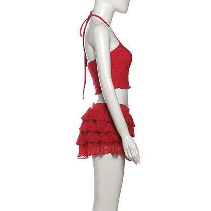 Halter self tie lace ruffle mini skirt set  | Festival Outfits Women