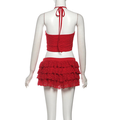 Halter self tie lace ruffle mini skirt set  | Festival Outfits Women