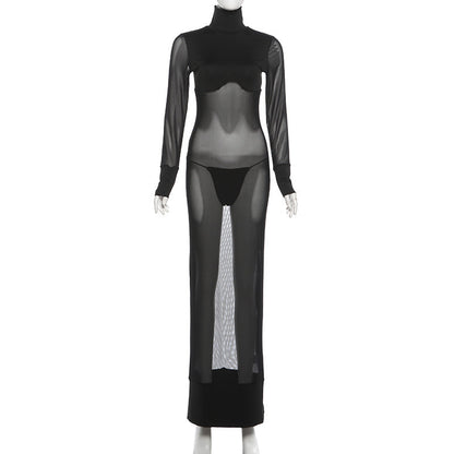 High neck long sleeve mesh solid maxi dress  | Festival Outfits Women