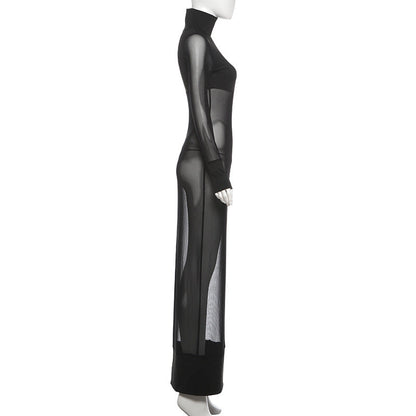 High neck long sleeve mesh solid maxi dress  | Festival Outfits Women