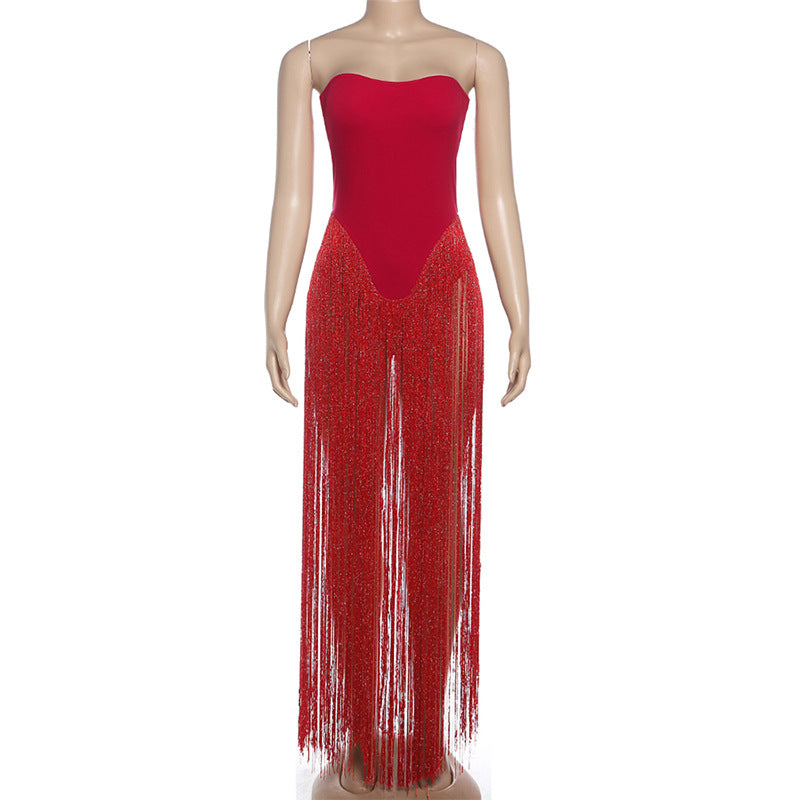 Tassels button backless solid tube bodysuit  | Festival Outfits Women