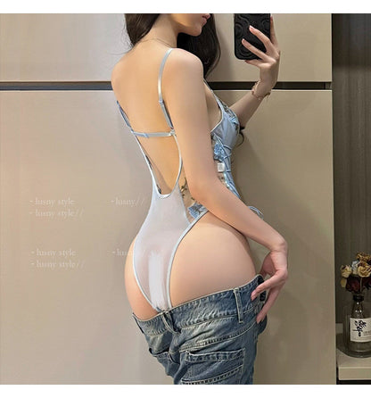 V neck lace up butterfly embroidery mesh cami bodysuit  | Festival Outfits Women