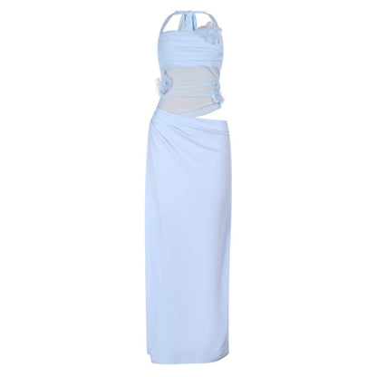 Self tie halter flower applique mesh hollow out cut out maxi dress  | Festival Outfits Women