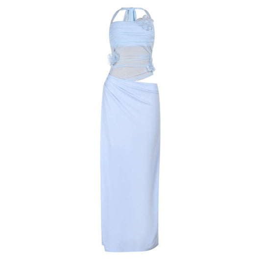 Self tie halter flower applique mesh hollow out cut out maxi dress  | Festival Outfits Women
