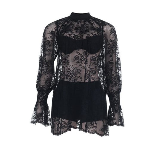 Long sleeve lace see through crewneck pant set  | Festival Outfits Women