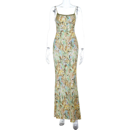 Glitter square neck print self tie cami maxi dress  | Festival Outfits Women