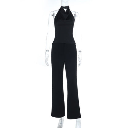 Halter backless solid button pant set  | Festival Outfits Women
