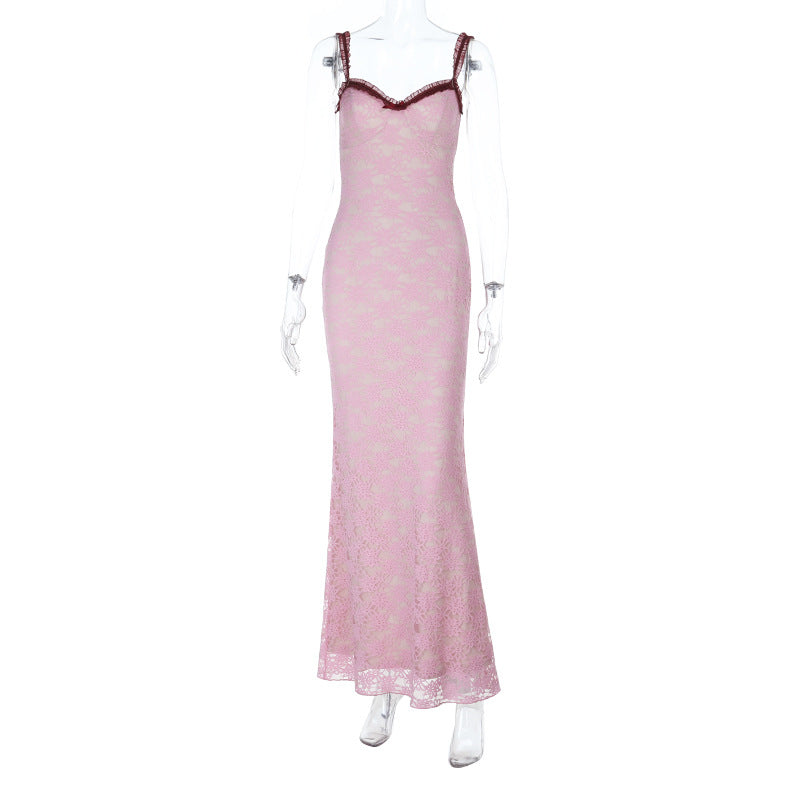 Bowknot lace ruffle v neck cami maxi dress  | Festival Outfits Women