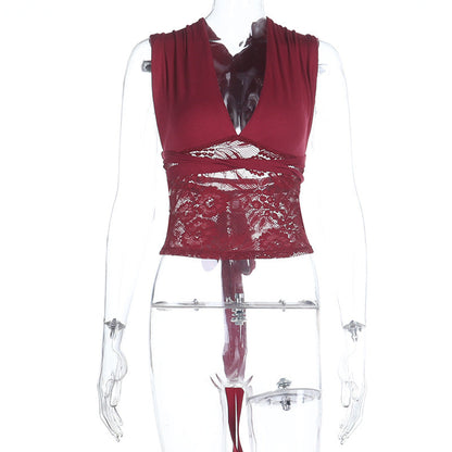 V neck lace patchwork self tie solid top  | Festival Outfits Women
