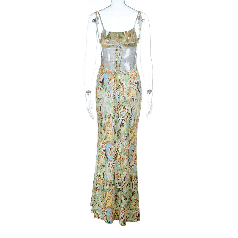 Glitter square neck print self tie cami maxi dress  | Festival Outfits Women