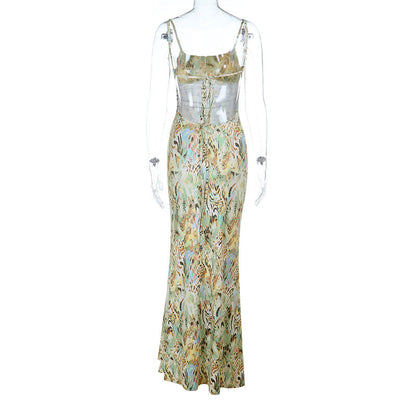 Glitter square neck print self tie cami maxi dress  | Festival Outfits Women