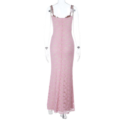 Bowknot lace ruffle v neck cami maxi dress  | Festival Outfits Women