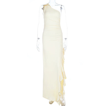 Irregular one shoulder slit ruffle ruched maxi dress  | Festival Outfits Women