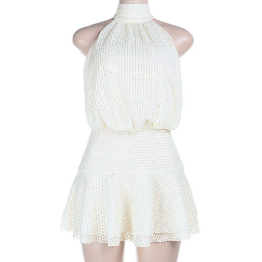 Halter self tie solid backless mini dress  | Festival Outfits Women
