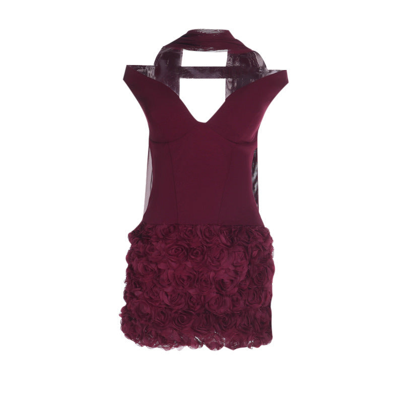 Off shoulder flower applique zip-up mini dress  | Festival Outfits Women