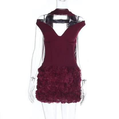 Off shoulder flower applique zip-up mini dress  | Festival Outfits Women