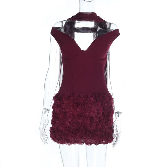 Off shoulder flower applique zip-up mini dress  | Festival Outfits Women