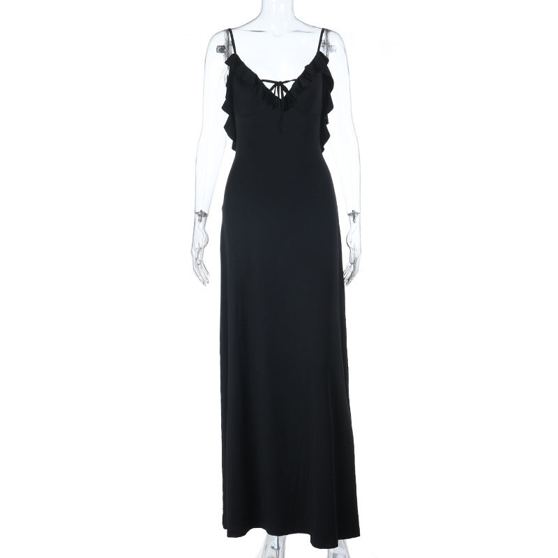 Self tie ruffle v neck backless cami maxi dress  | Festival Outfits Women