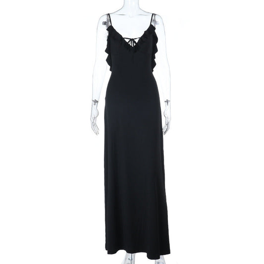 Self tie ruffle v neck backless cami maxi dress  | Festival Outfits Women