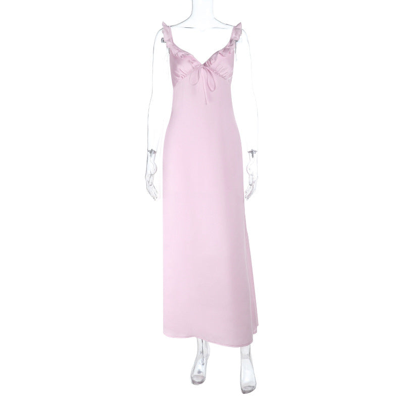 Ruffle v neck self tie zip-up cami maxi dress  | Festival Outfits Women
