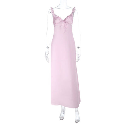 Ruffle v neck self tie zip-up cami maxi dress  | Festival Outfits Women