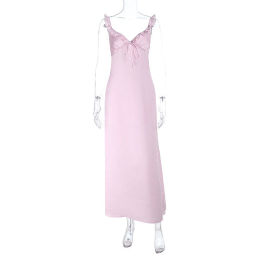 Ruffle v neck self tie zip-up cami maxi dress  | Festival Outfits Women
