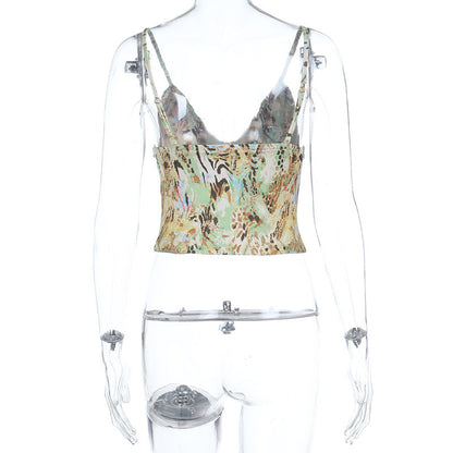 Glitter v neck print backless cami top  | Festival Outfits Women