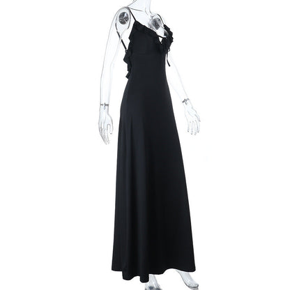 Self tie ruffle v neck backless cami maxi dress  | Festival Outfits Women