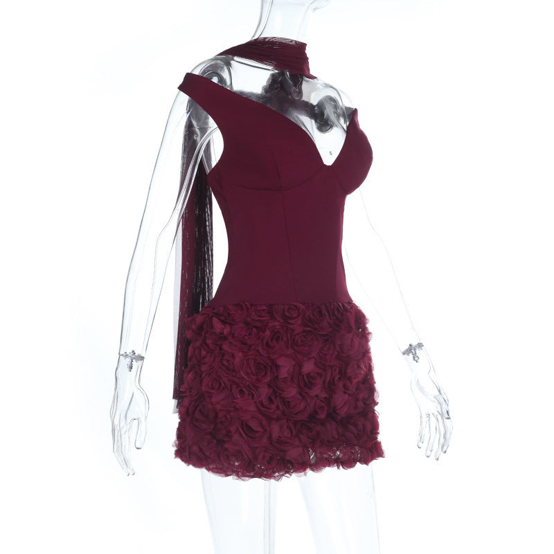 Off shoulder flower applique zip-up mini dress  | Festival Outfits Women