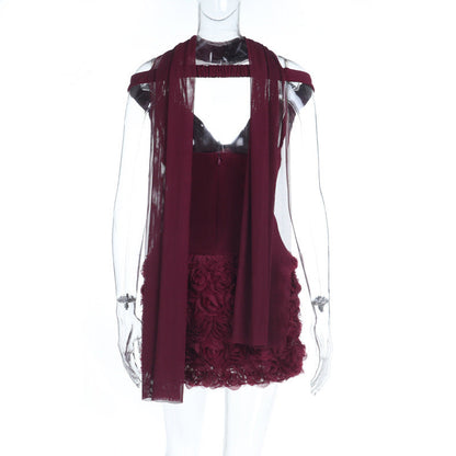 Off shoulder flower applique zip-up mini dress  | Festival Outfits Women