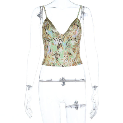 Glitter v neck print backless cami top  | Festival Outfits Women