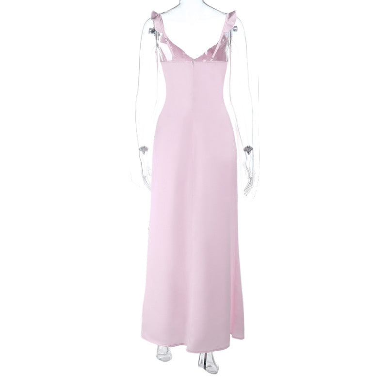 Ruffle v neck self tie zip-up cami maxi dress  | Festival Outfits Women