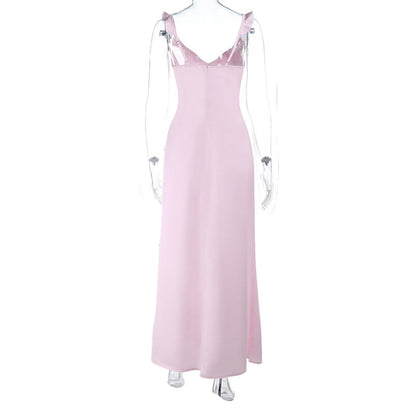 Ruffle v neck self tie zip-up cami maxi dress  | Festival Outfits Women