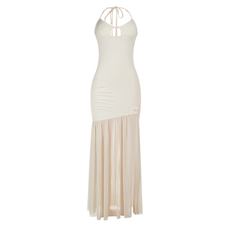 High slit hollow out self tie halter mesh cut out maxi dress  | Festival Outfits Women