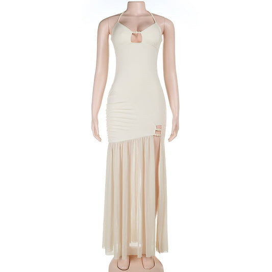 High slit hollow out self tie halter mesh cut out maxi dress  | Festival Outfits Women