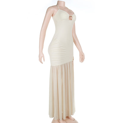 High slit hollow out self tie halter mesh cut out maxi dress  | Festival Outfits Women