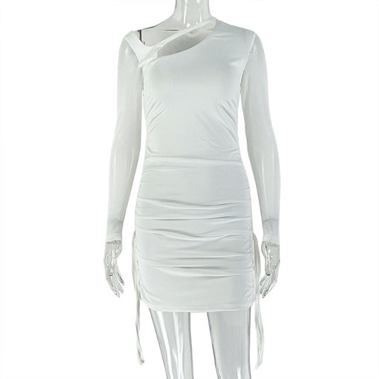 Long sleeve mesh hollow out ruched cut out mini dress  | Festival Outfits Women
