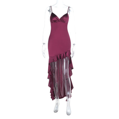Irregular ruffle v neck satin cami midi dress  | Festival Outfits Women