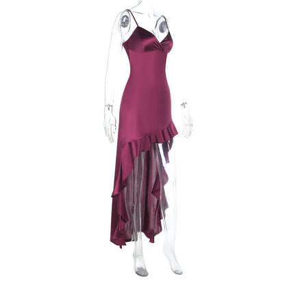 Irregular ruffle v neck satin cami midi dress  | Festival Outfits Women