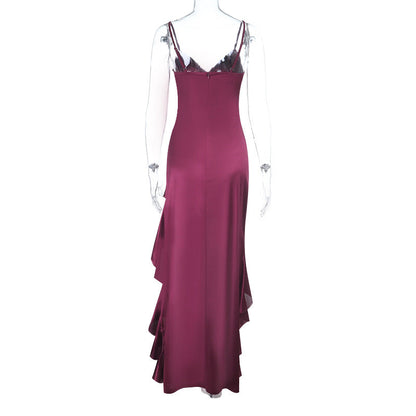 Irregular ruffle v neck satin cami midi dress  | Festival Outfits Women