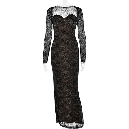 Long sleeve lace sweetheart neck 2 piece maxi dress  | Festival Outfits Women