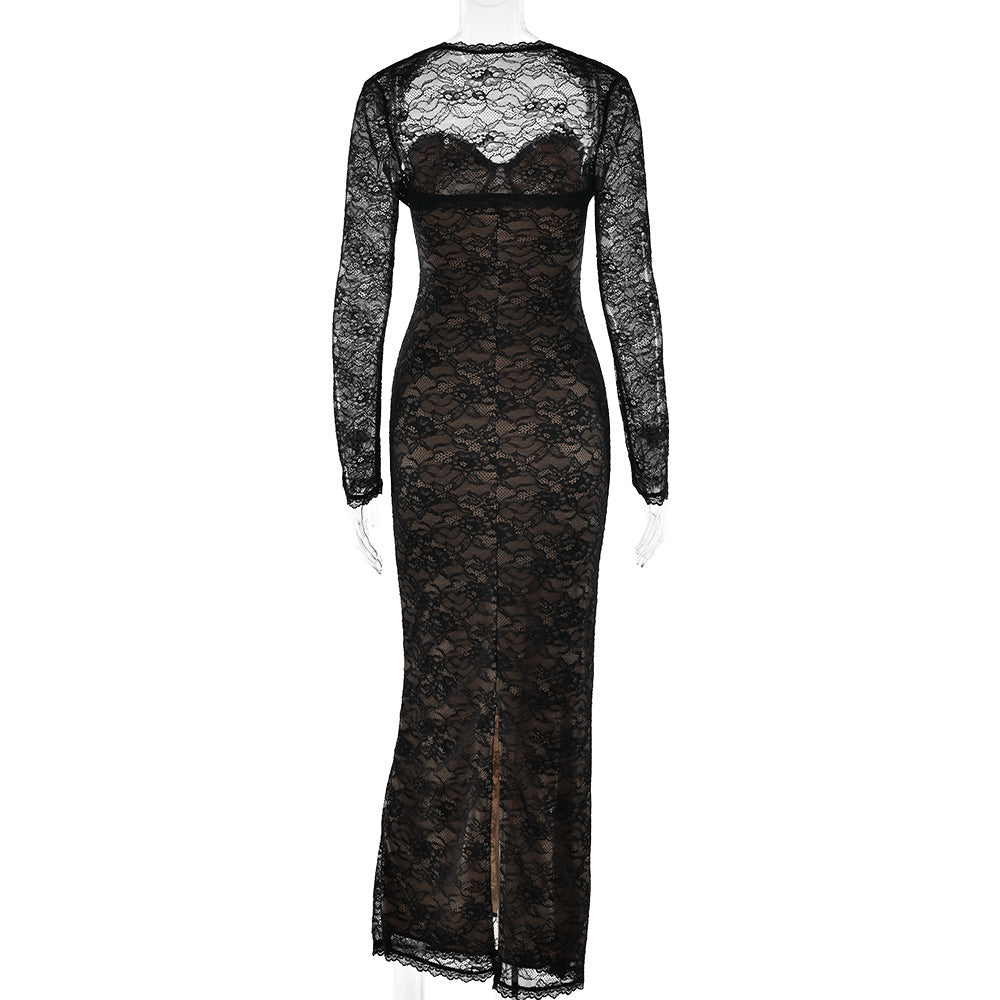 Long sleeve lace sweetheart neck 2 piece maxi dress  | Festival Outfits Women