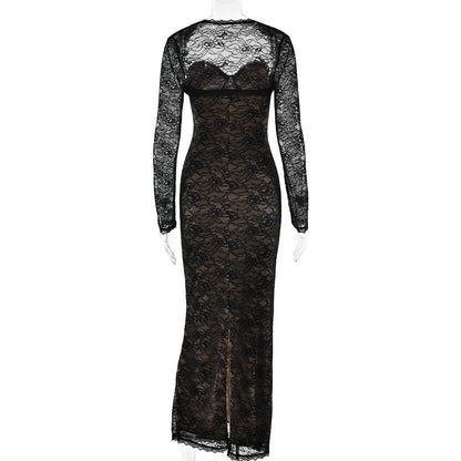 Long sleeve lace sweetheart neck 2 piece maxi dress  | Festival Outfits Women