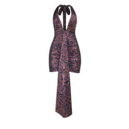 Leopard print v neck ruched halter self tie mini dress  | Festival Outfits Women  | Leopard Print Mini Dress